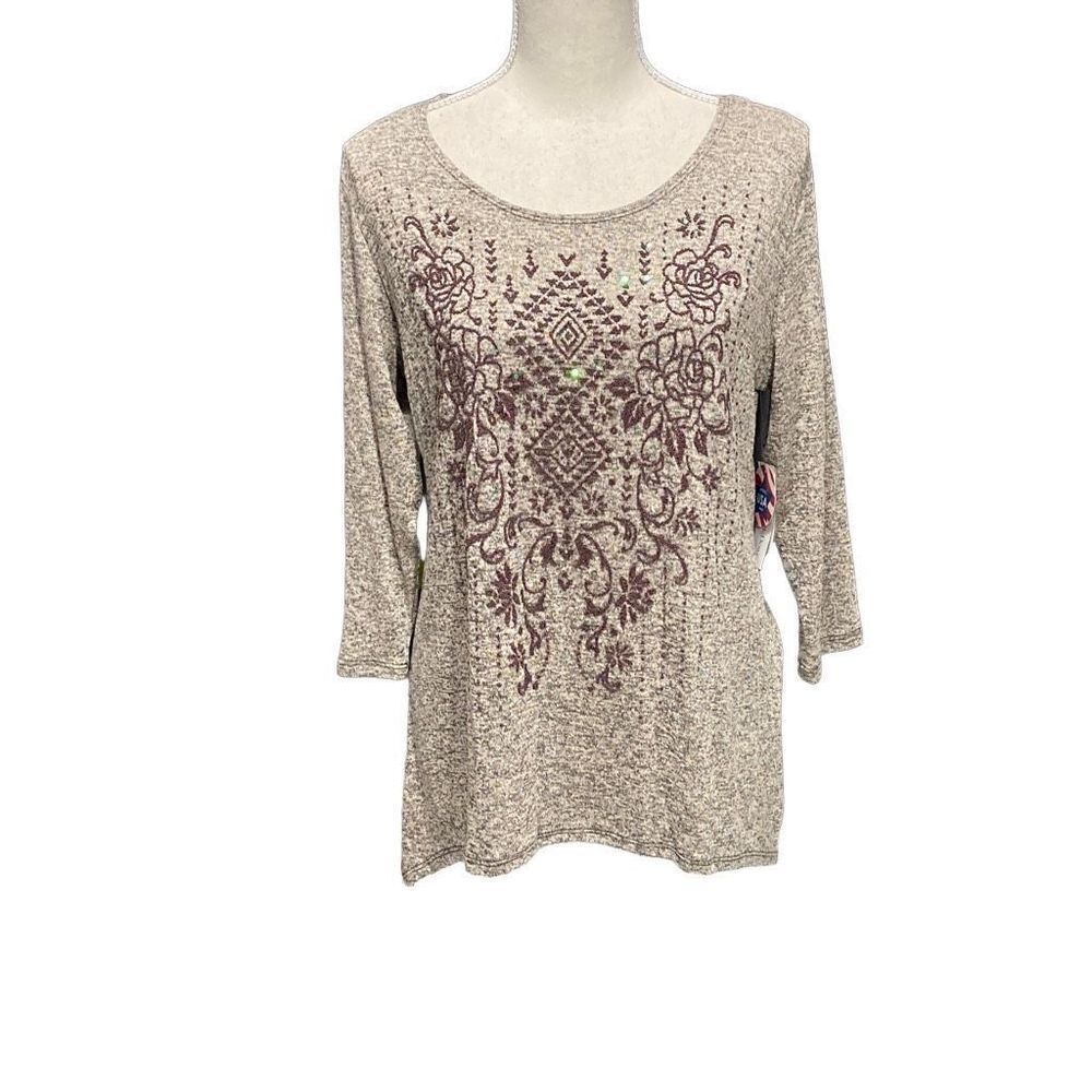 Bleeker & McDougal Brown Heathered Beaded 3/4 Sleeve Lightweight Sweater Size PS